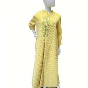 Vintage 60s 70s Quilted Robe Yellow Embroidered Full Length Zipper Front